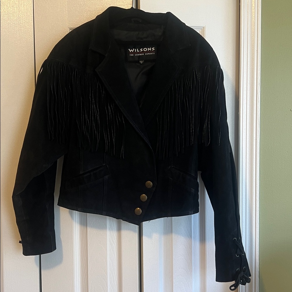 Wilson’s Vintage black leather fringe jacket size medium